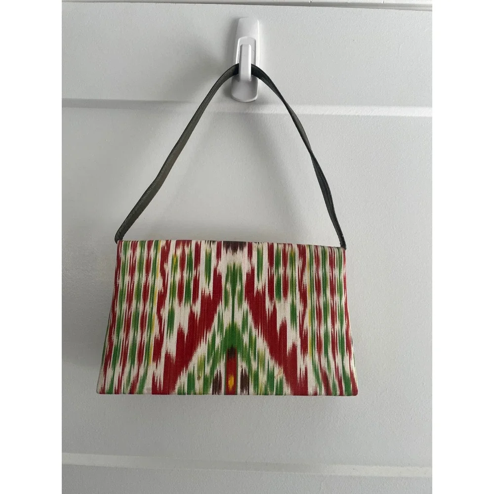 Vintage Ikat Woven Shoulder Bag Multi Color Pattern with Olive Leather Trim